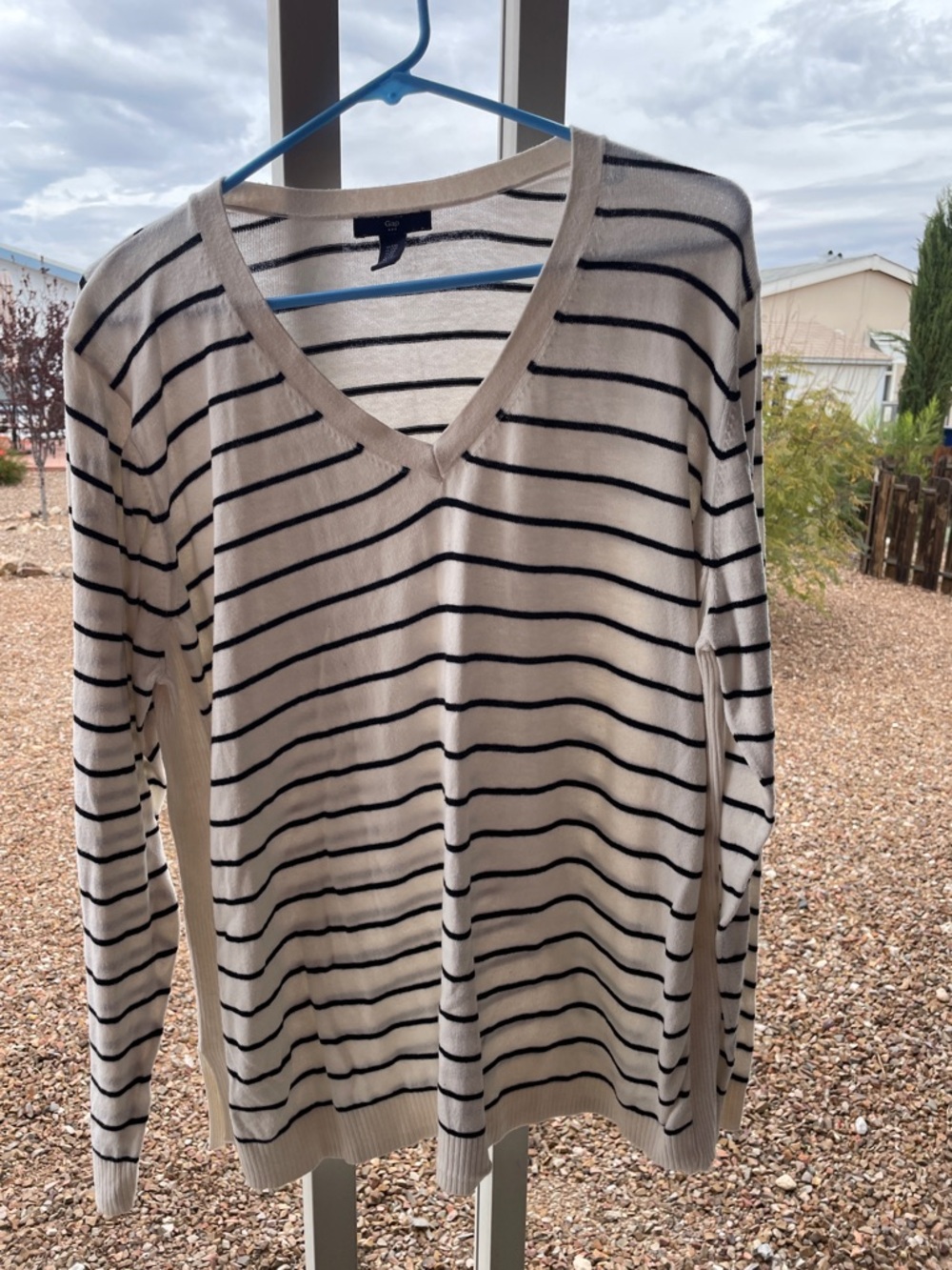 GAP Cream and Black Striped V-Neck Sweater